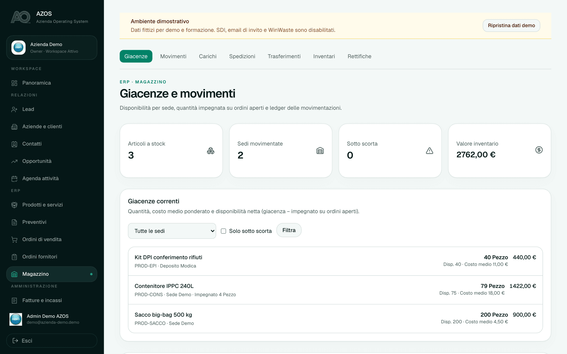 Schermata magazzino AZOS con giacenze multi-sede e movimenti